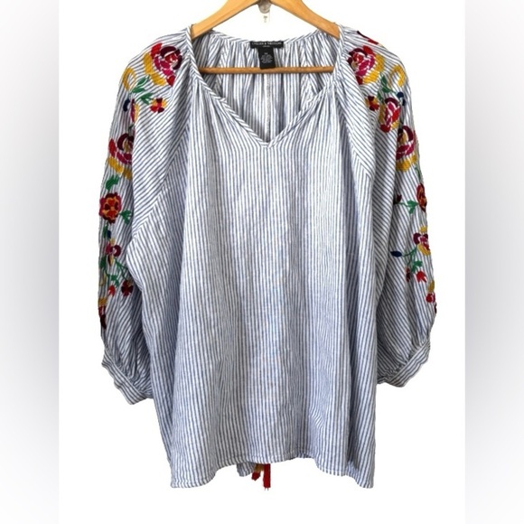 Chelsea & Theodore Tops - Chelsea & Theodore blu strp w embr & tassel linen/cotton blnd qtop SZ 3X peasant